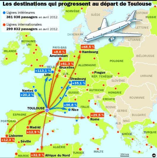 zemljevid Toulouse destinacij letališče