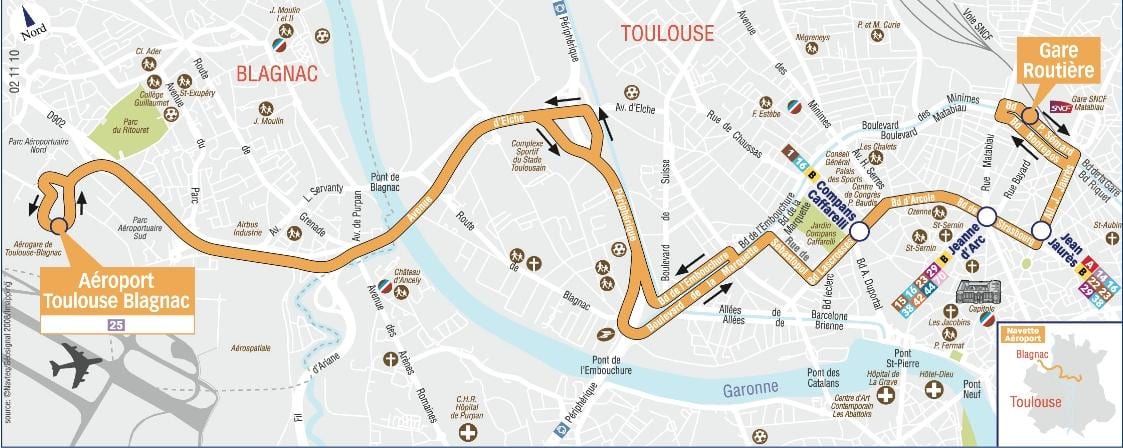 zemljevid Toulouse letališče shuttle pot