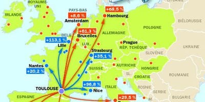 Zemljevid Toulouse destinacij letališče
